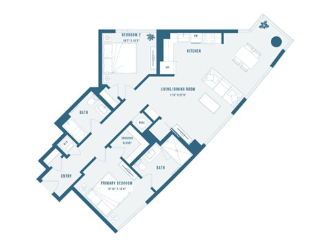 Floor plan for 2 beds, 2 baths, 1105 sqft